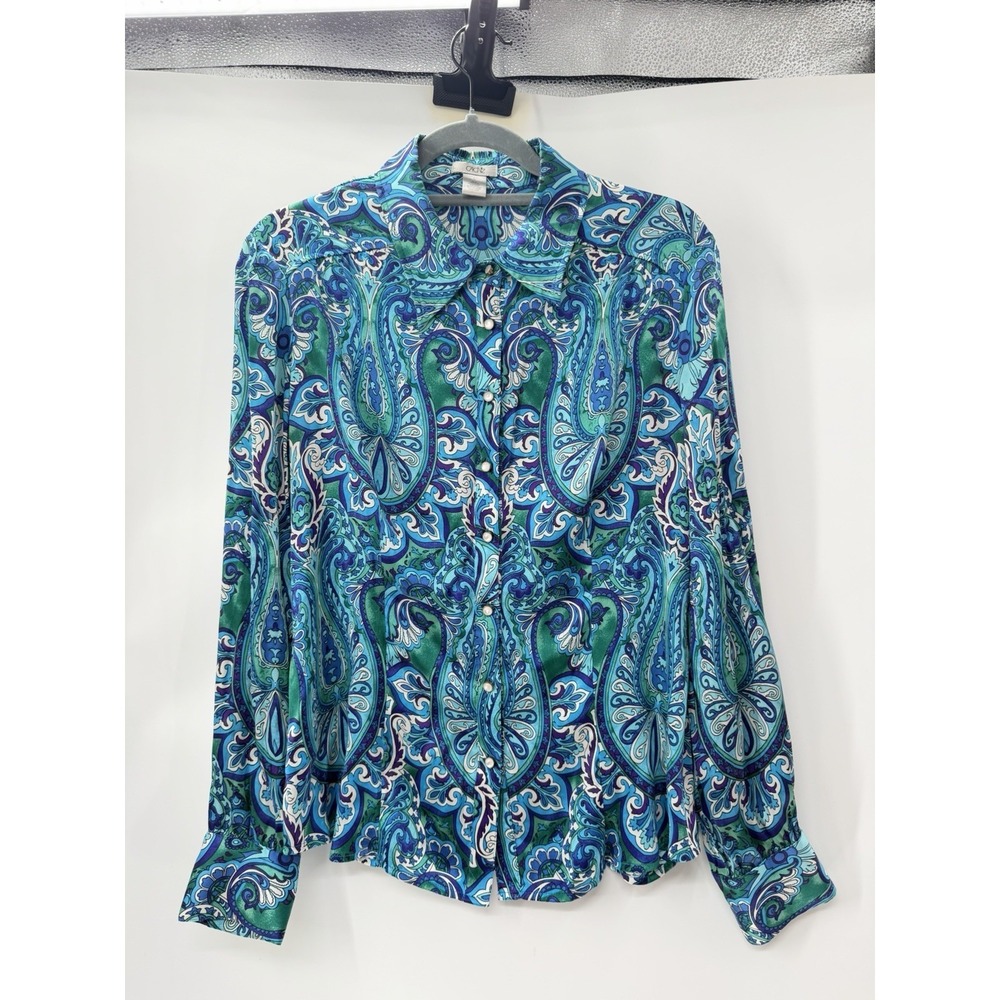 CACHE Silk Blouse Womens L Blue Paisley Psychedelic Rave Cowboy Glam Retro Pearl - Picture 5 of 9